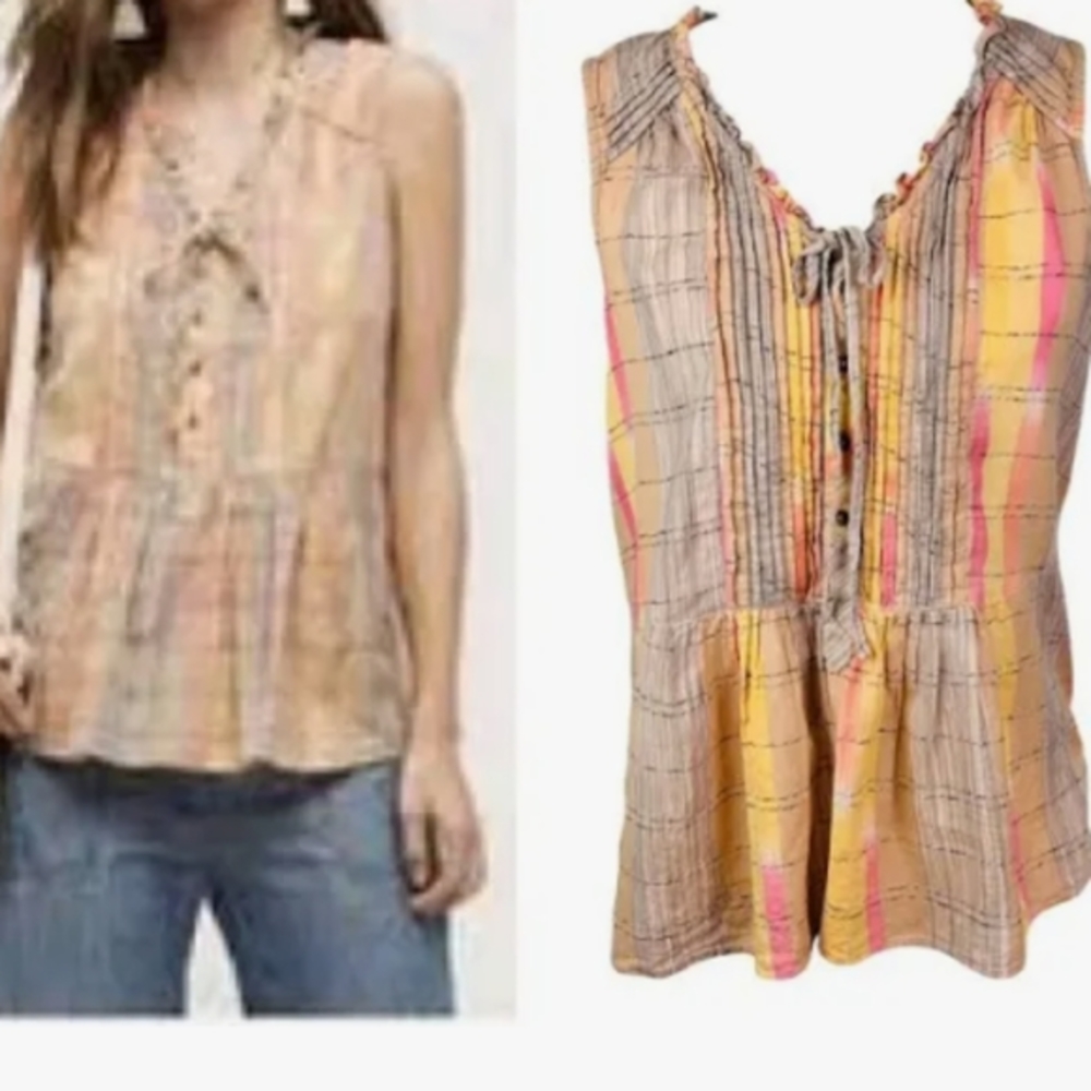 ❤️Holding Horses for Anthropologie plaid sleeveless ruffle blouse shirt top